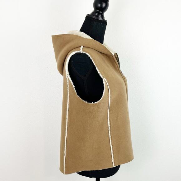 LRL Lauren Ralph Lauren Hooded Vest Sherpa Fleece Full Zip Tan Cream Large - Picture 4 of 9